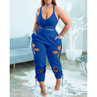 Crop Tank Top & Cutout Pants Set - blue