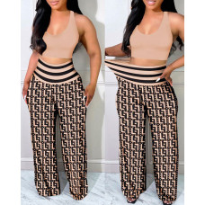 Crop Tank Top & Geometric Print High Waist Pants Set - khaki