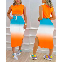 Crop Tank Top & Ombre Drawstring Skirt Set - orange