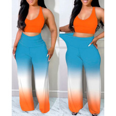 Crop Tank Top & Ombre High Waist Pants Set - orange