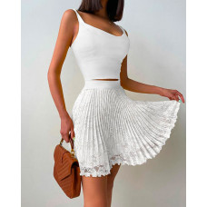 Crop Tank Top & Pleated Lace Skirt Set - white