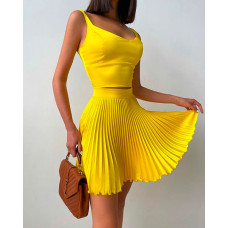 Crop Tank Top & Pleated Skirt Sets - yellow