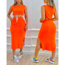 Crop Tank Top & Split Hem Drawstring Skirt Set - orange