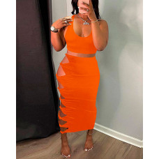 Crop Top & Ladder Cutout Maxi Skirt Set - orange