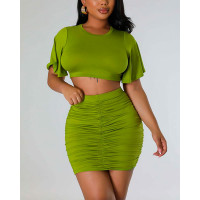 Crop Top & Ruched High Waist Skirt Set - green