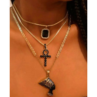 Cross Figure Gemstone Pendant Multilayer Chain Necklace - gold