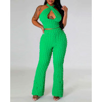 Cross Halter Bubble Textured Crop Top & Pants Set - green