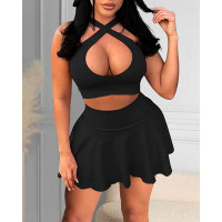 Cross Halter Cutout Crop Top & Ruched Tennis Skorts Set - black