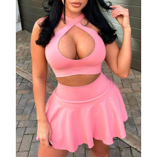 Cross Halter Cutout Crop Top & Ruched Tennis Skorts Set - pink