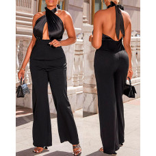 Cross Halter Cutout Straight Leg Jumpsuit - black