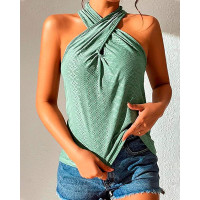 Cross Halter Eyelet Embroidery Tank Top - green