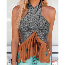 Cross Halter Sequins Tassel Crop Top - Dark Brown