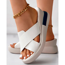 Cross Strap Platform Wedge Slippers - beige