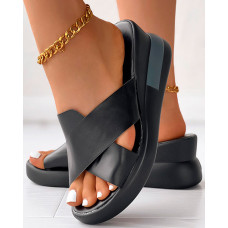 Cross Strap Platform Wedge Slippers - black