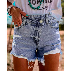 Crossover High Waist Ripped Raw Hem Denim Shorts - blue