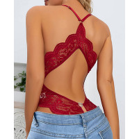 Crotchless Heart Pattern Bowknot Decor Cutout Crochet Lace Teddy - Wine red