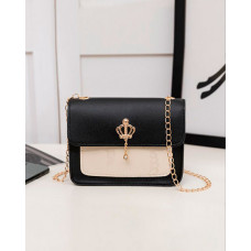 Crown Decor Lock Chain Strap Flap Shoulder Bag - black