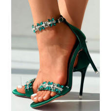 Crystal Rhinestone Floral Ankle Strap Stiletto Heels - green