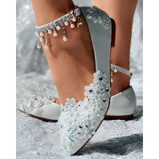 Crystal Stone Rhinestone Floral Pearls Tassel Comfort Bridal Wedding Loafers - white