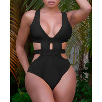 Cutout Backless Mesh Patch One Piece Swimsuit - black