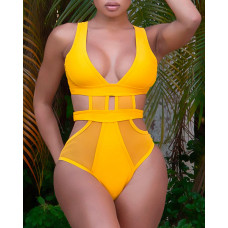 Cutout Backless Mesh Patch One Piece Swimsuit - yellow