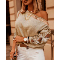 Cutout Contrast Sequin Bowknot Design Top - Apricot