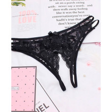 Cutout Crochet Lace Bowknot Design Crotchless Thong - black