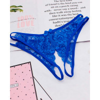 Cutout Crochet Lace Bowknot Design Crotchless Thong - blue