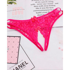 Cutout Crochet Lace Bowknot Design Crotchless Thong - hot pink