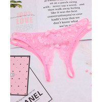 Cutout Crochet Lace Bowknot Design Crotchless Thong - pink