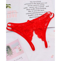 Cutout Crochet Lace Bowknot Design Crotchless Thong - red