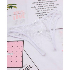 Cutout Crochet Lace Bowknot Design Crotchless Thong - white