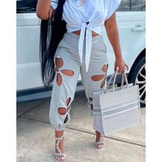 Cutout Design Drawstring Cuffed Pants - gray