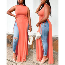 Cutout Drawstring High Slit Casual Tank Dress - orange