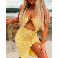 Cutout Drawstring Ruched High Slit Bodycon Dress - yellow