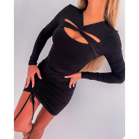 Cutout Drawstring Twisted Fake Two-piece Bodycon Dress - black