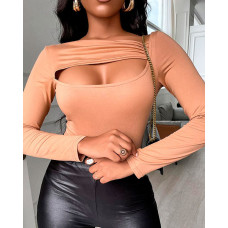 Cutout Front Asymmetrical Neck Long Sleeve Top - khaki