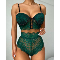 Cutout Front Guipure Lace Lingerie Set - green