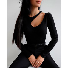 Cutout Front Long Sleeve Skinny Top - black