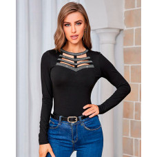 Cutout Front Rhinestone Decor Long Sleeve Top - black