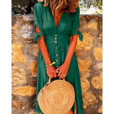 Cutout Gathered Waist Short Sleeve Buttoned Dress - green