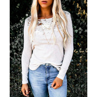 Cutout Guipure Lace Long Sleeve Casual Top - beige