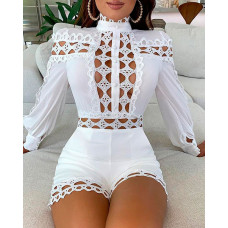 Cutout Guipure Lace Patch Lantern Sleeve Romper - white