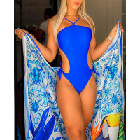 Cutout Halter Tied Detail One Piece Swimsuit With Cover Up - blue