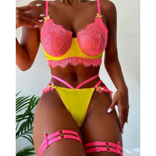 Cutout Lace Garter Lingerie Set - pink