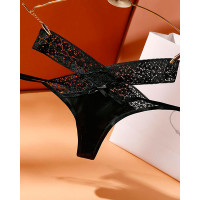 Cutout Lace Patch Criss Cross Thong Panty - black