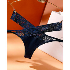 Cutout Lace Patch Criss Cross Thong Panty - blue