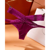 Cutout Lace Patch Criss Cross Thong Panty - purple