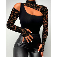 Cutout Lace Patch Mock Neck Top - black