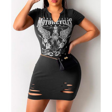 Cutout Letter Graphic Print Short Sleeve Dress Without Belt - black